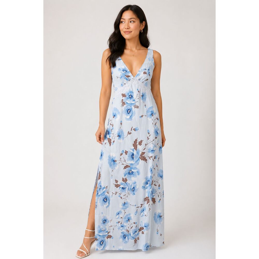 Wild Fable XXS Blue Floral Maxi Dress Lace Trim Side Slit Festival Dress NWT #10